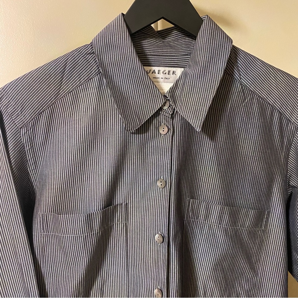 Jaeger Gray & Blue Pinstripe Elegance: 100% Cotton Dress Shirt
